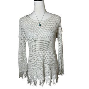 Y2K Boho Crochet Open Knit Fringe Neutral Hippie Top M | Coastal Beach Festival
